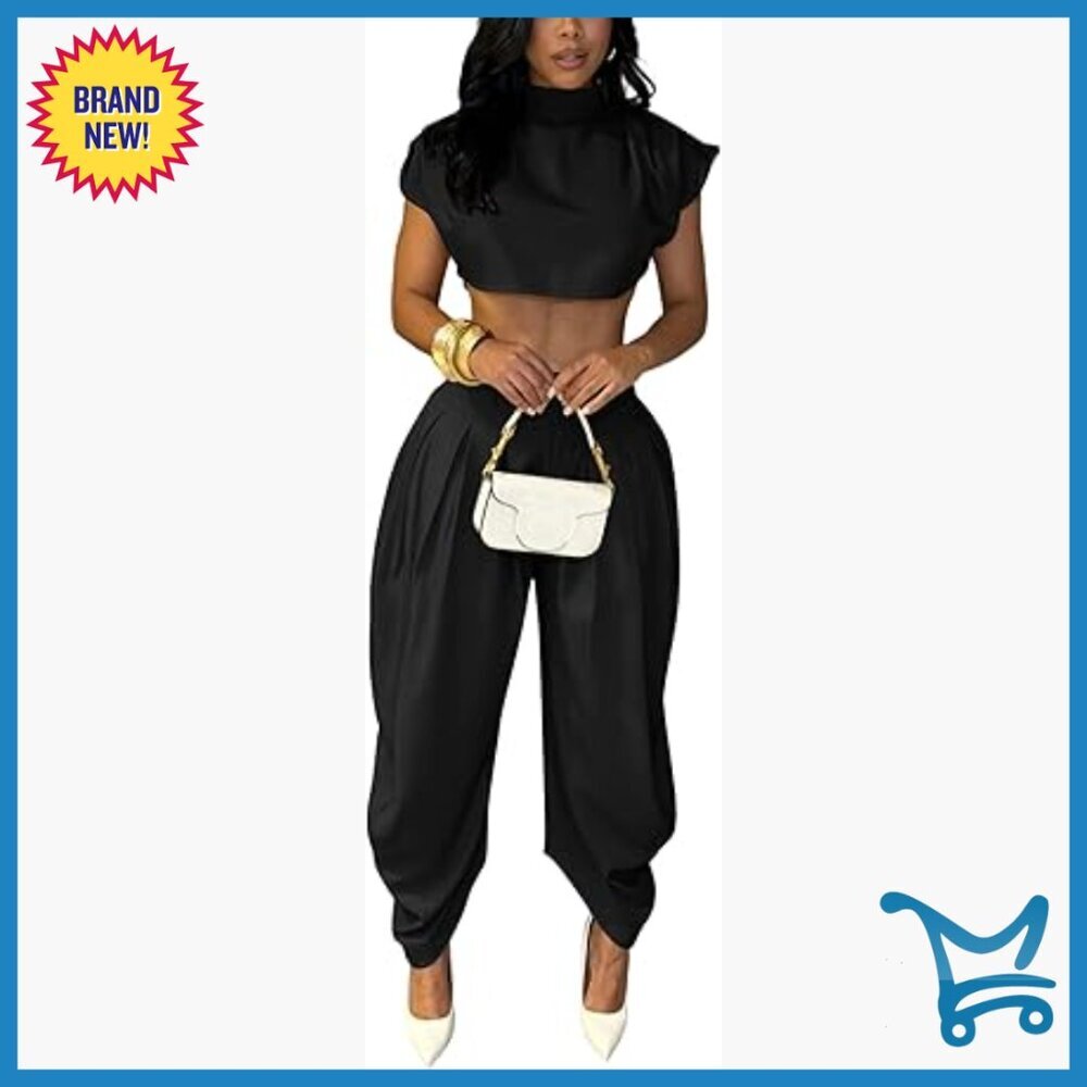 Mock Neck Crop Top Palazzo Pants Set Polyester Spandex Summer Outfit